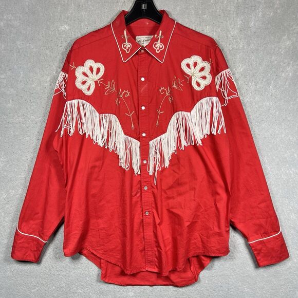 Rockmount Fringe Embroidered Western Shirt Men’s XL Red 100% Cotton “FLAWED” - Picture 1 of 15